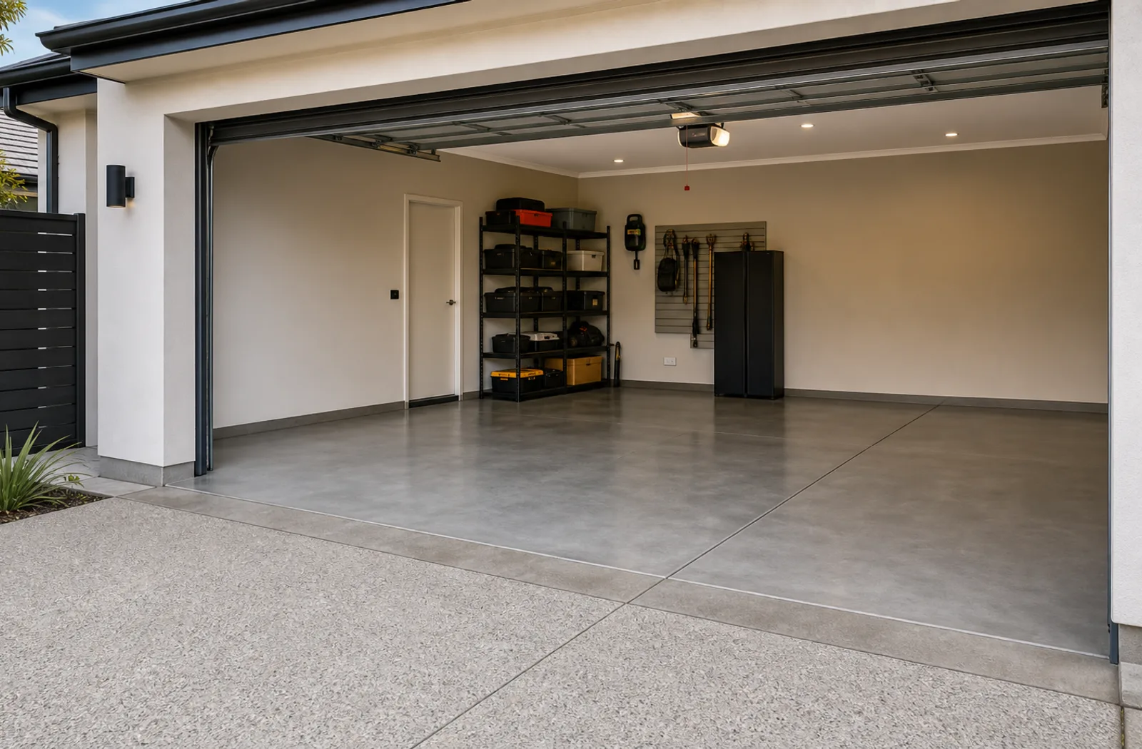 Finished concrete garage floor slab in a modern residential garage