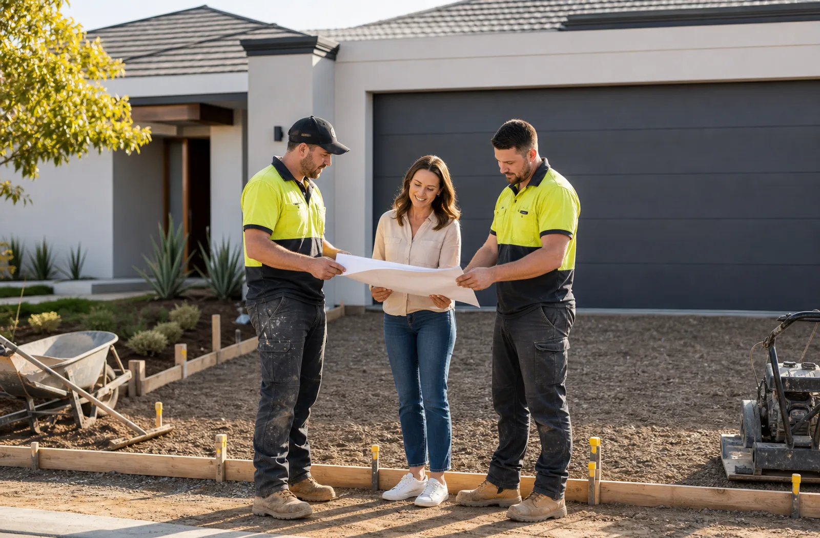 Concrete contractors preparing a residential driveway