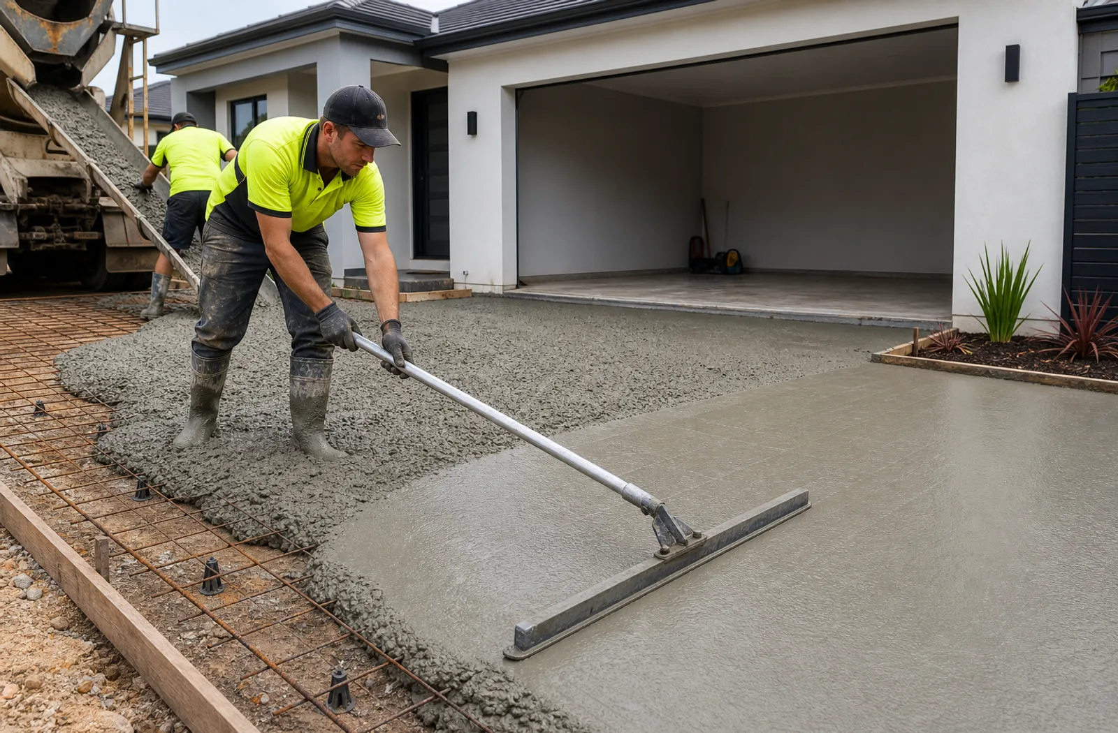 Concrete layers placing and finishing a driveway slab