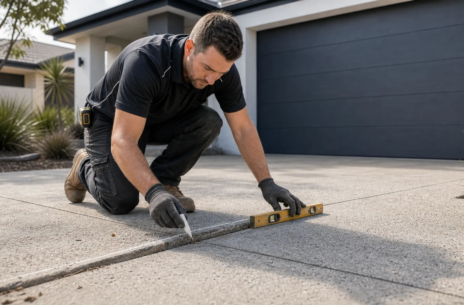 Contractor inspecting a sunken or uneven concrete driveway slab