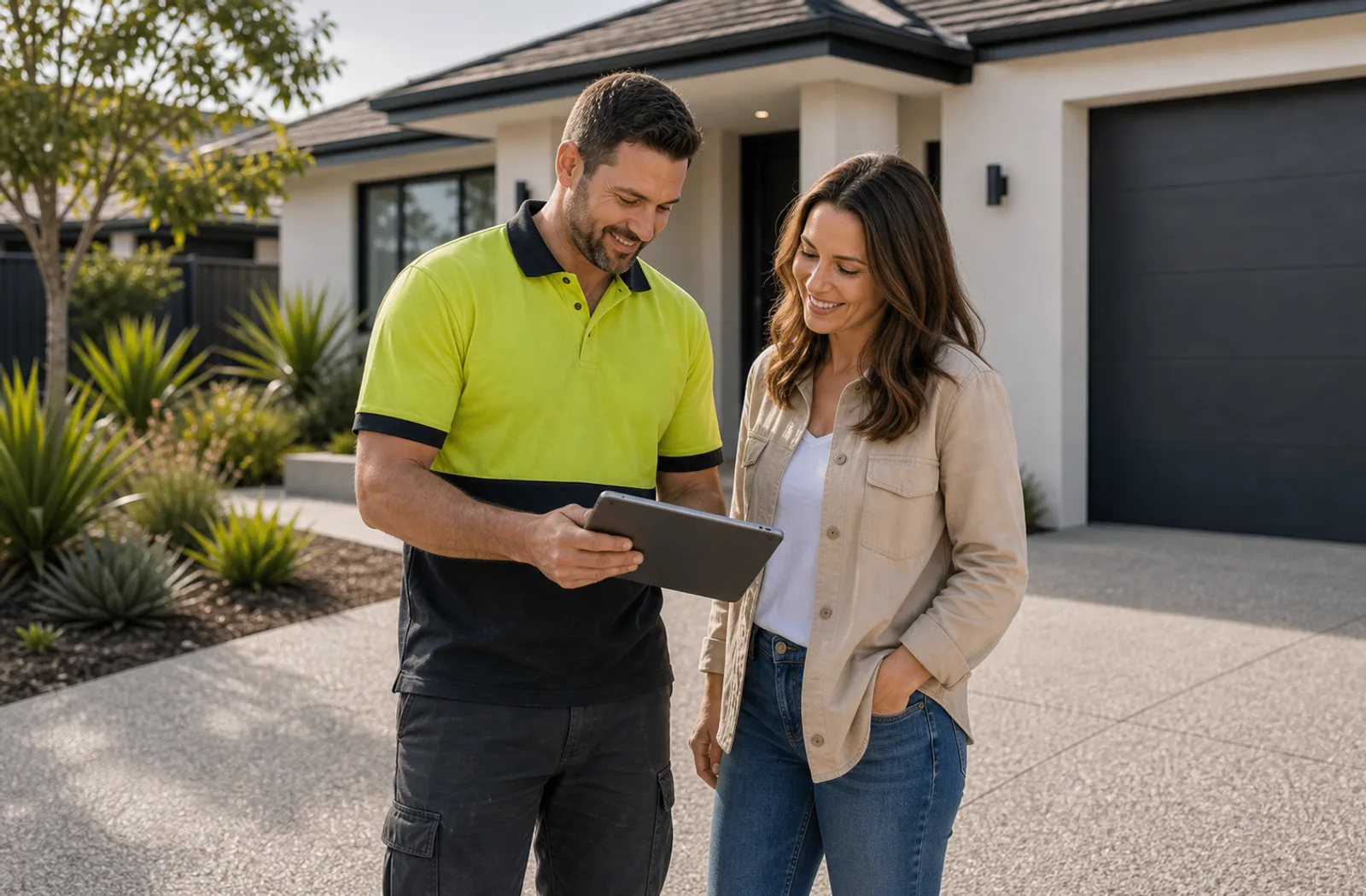Perth driveway repair contractors discussing a project with a homeowner